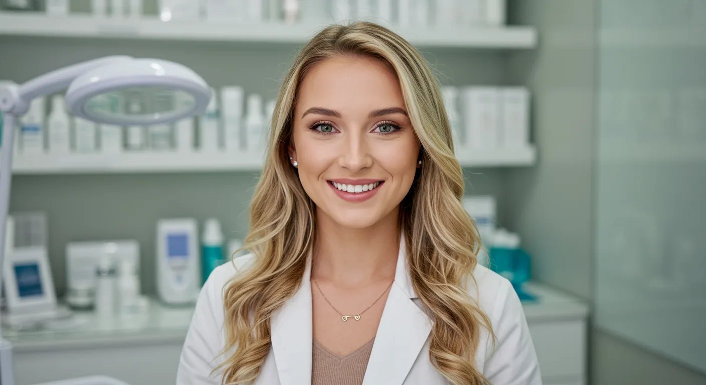 Female aesthetician wearing a lab coat and smiling in an esthetics setting.