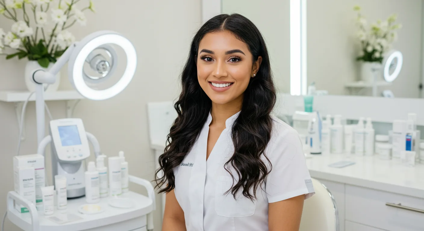 Female aesthetician smiling in an esthetics setting.